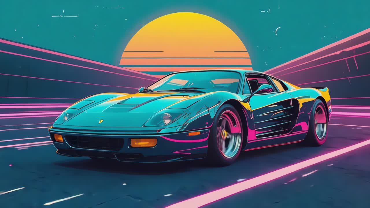 Retro-futuristic sports car in synthwave sunset