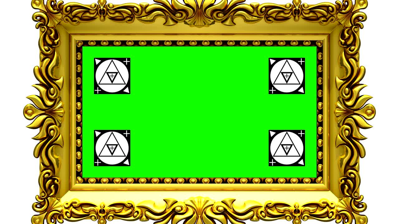 백색 배경의 금색 사진 프레임으로 카메라, 모션 트래킹 마커, 녹색 화면