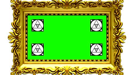 cámara zoom en el marco de la imagen de oro en fondo blanco, marcadores de seguimiento de movimiento, pantalla verde