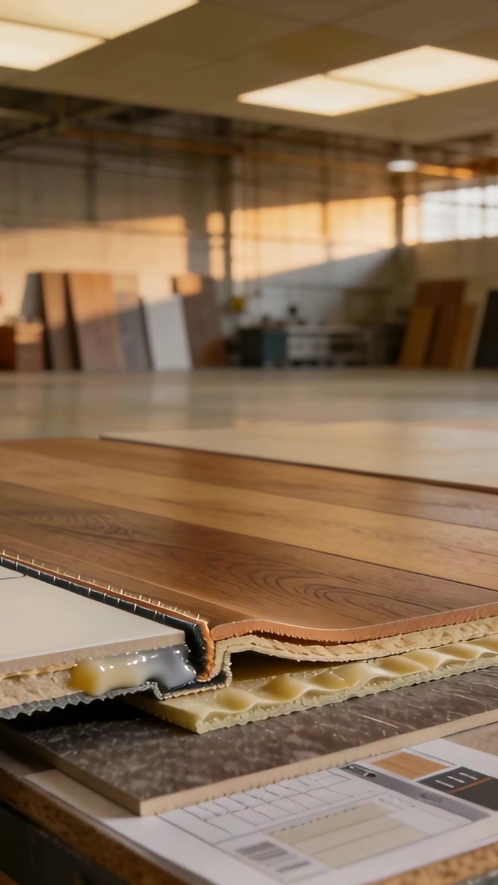 Vertical video: Framing cam filming floor planks in shop showing glue bead, foam, spec for review