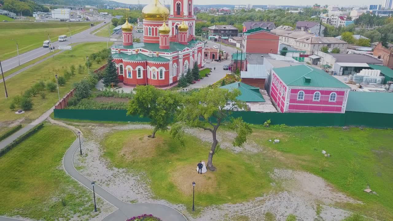 pareja de recién casados cerca del árbol viejo en la iglesia vista a vista de pájaro