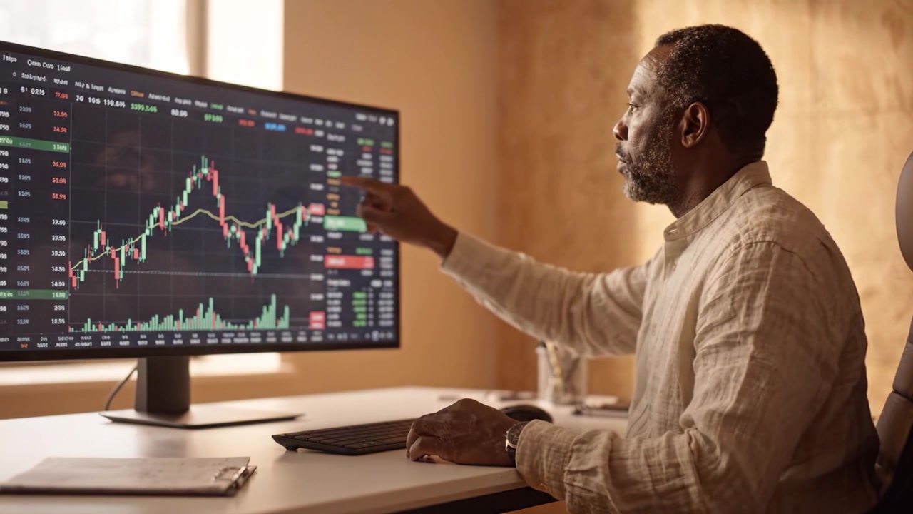 Concentrato sui Dati Finanziari: Un Professionista Analizza le Tendenze del Mercato Azionario su un Monitor Moderno in uno Spazio di Lavoro Luminoso e Accogliente