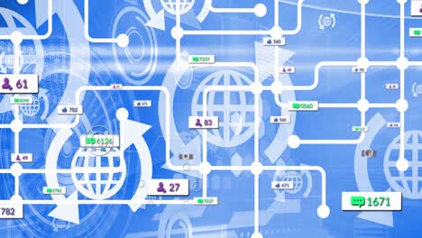 animation of data processing and media icons on blue background