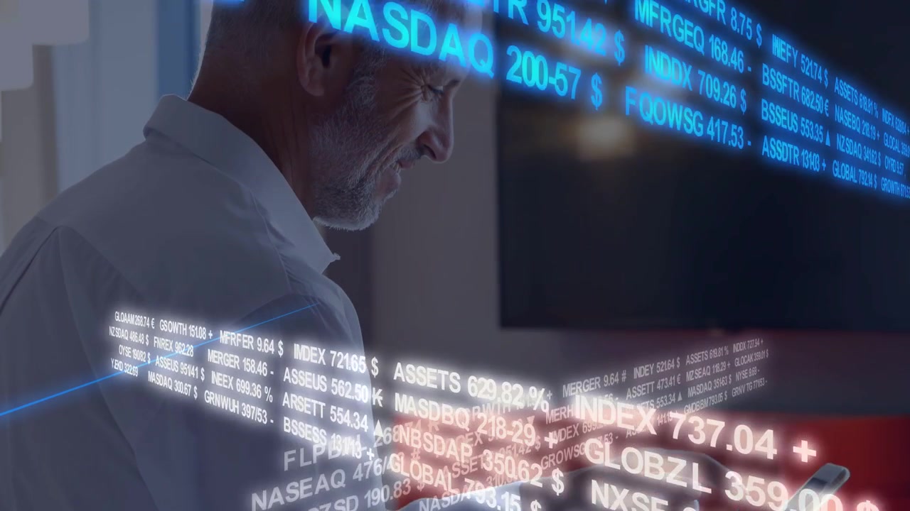 Man tapping phone screen and activating animated market tickers circling lounge, monitoring prices