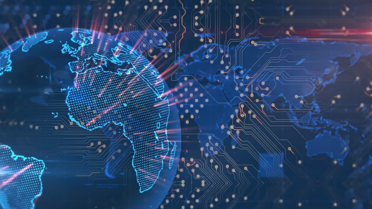 Animation of globe and circuit board on dark background