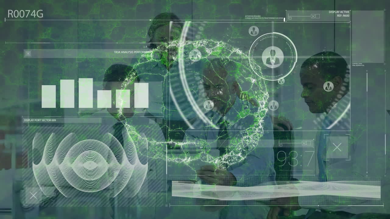 animación del procesamiento de datos y el cerebro sobre diversas personas de negocios en la oficina