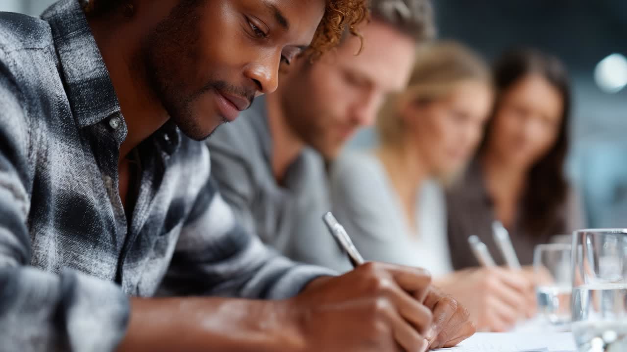 A Focused Group Engaged in Collaborative Writing and Reflection, Capturing the Essence of Creativity and Learning in an Interactive Educational Setting Among Diverse Individuals