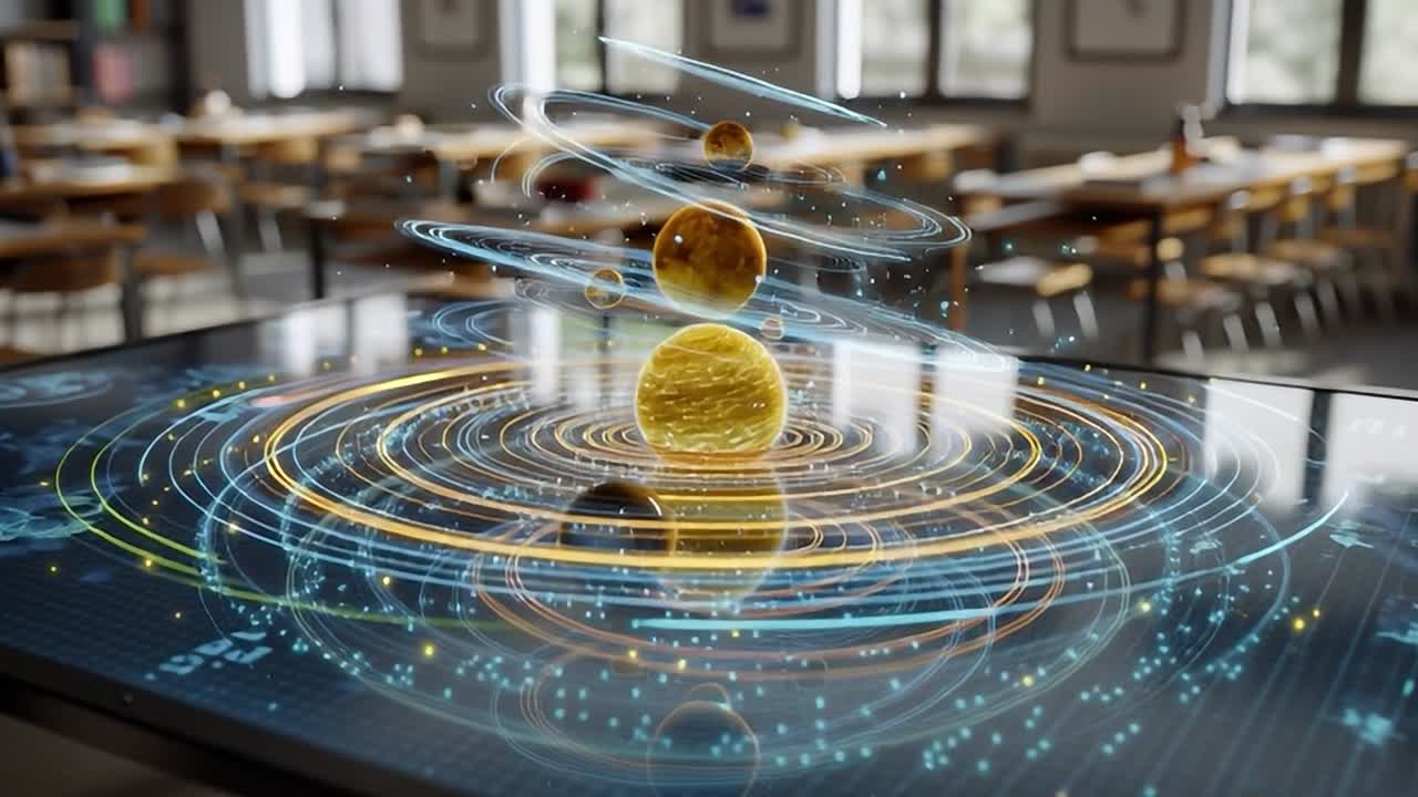 Modello interattivo 3D del sistema solare che mostra pianeti e stelle in classe