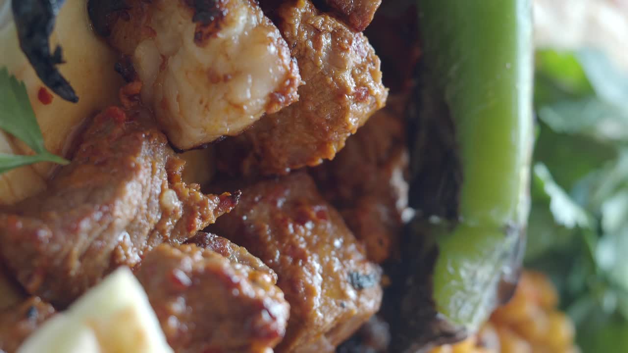 Close-up of Grilled Meat Kebab with Vegetables