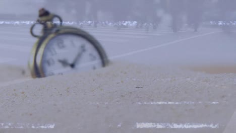 Animation-of-clock-and-interference-over-people-walking