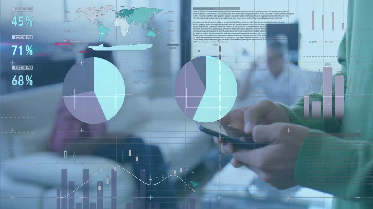 animación del procesamiento de datos financieros sobre un empresario caucásico que usa un teléfono inteligente