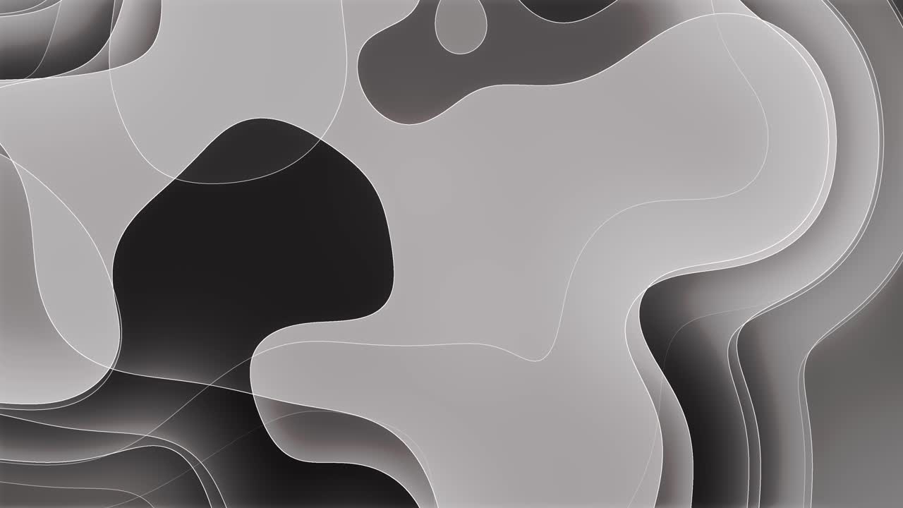 A fluid and calm animation composed of soft, rounded abstract layers in gradient black and white shapes with flowing lines gently overlap and continuously shift in form