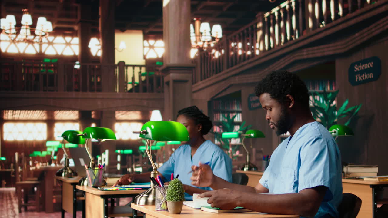 흑인 의대 학생 팀이 해부학 교과서와 수업 노트를 읽습니다.