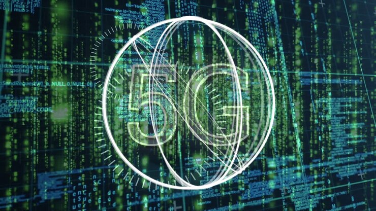 Animation of rotating circles and 5g over data processing in black space