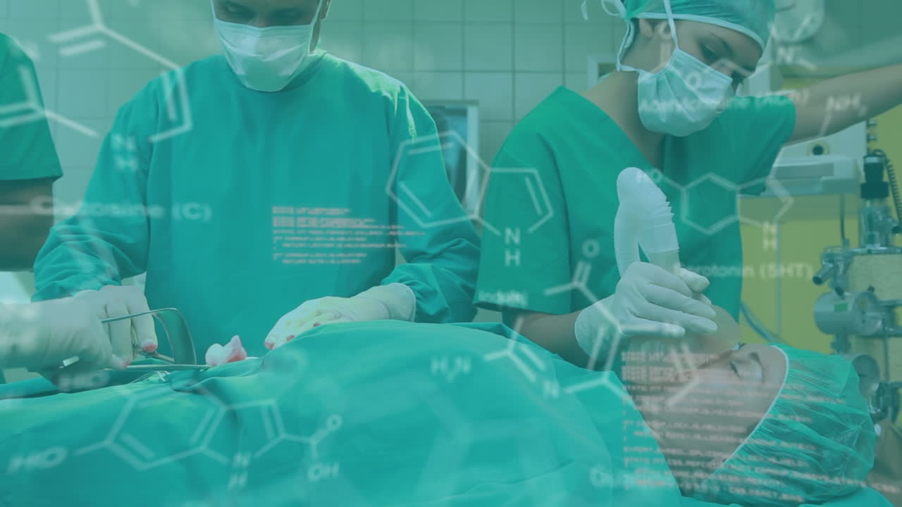 수술실에서 환자를 수술하는 외과 의사에 대한 의료 정보 및 데이터 처리 애니메이션