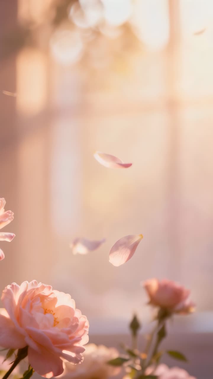 Video verticale: Rosa rosa che perde petali sul davanzale, mossa dalla brezza della finestra, con bokeh dorato.