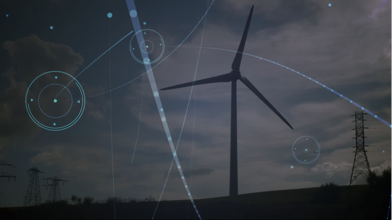 Animation of network of connections over spinning windmill against blue sky