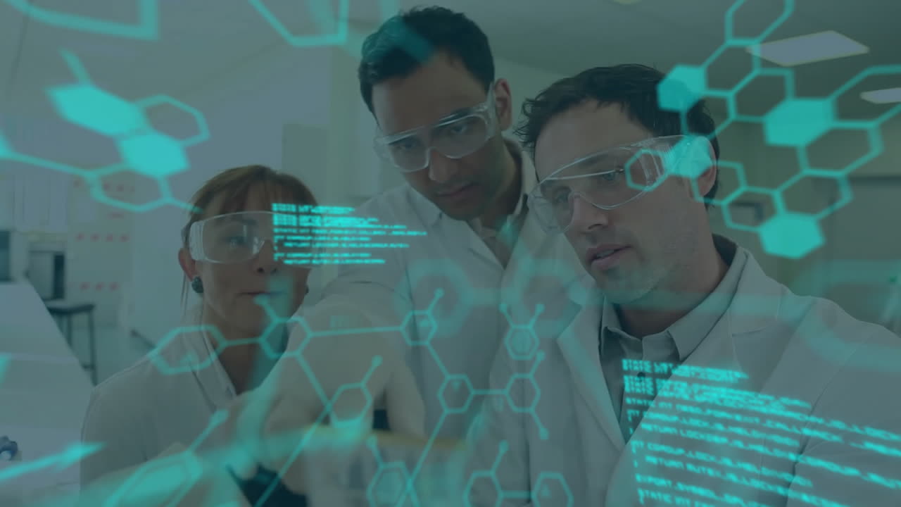 animación del procesamiento de datos científicos sobre diversos científicos en el laboratorio