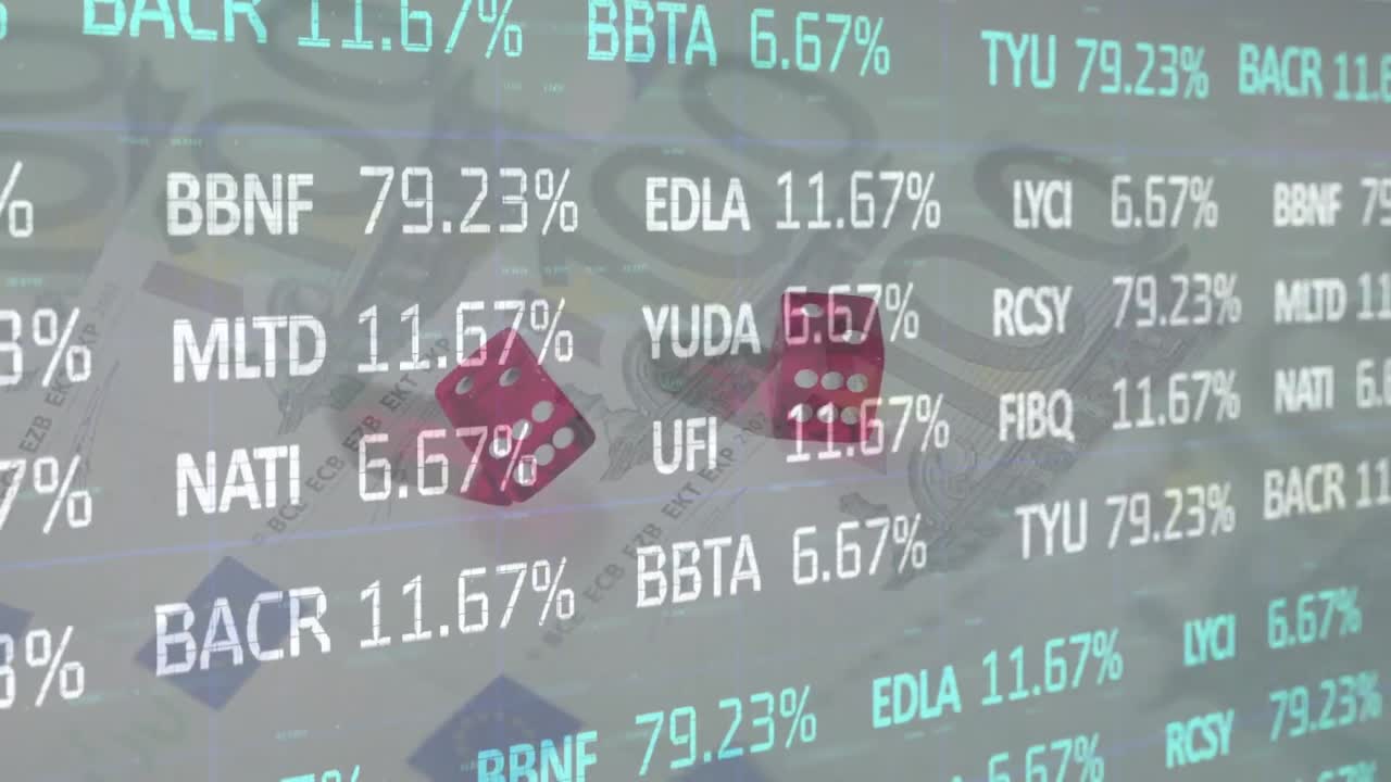두 개의 주사위와 백그라운드에서 유로 통화 지폐에 대한 금융 데이터 처리 애니메이션