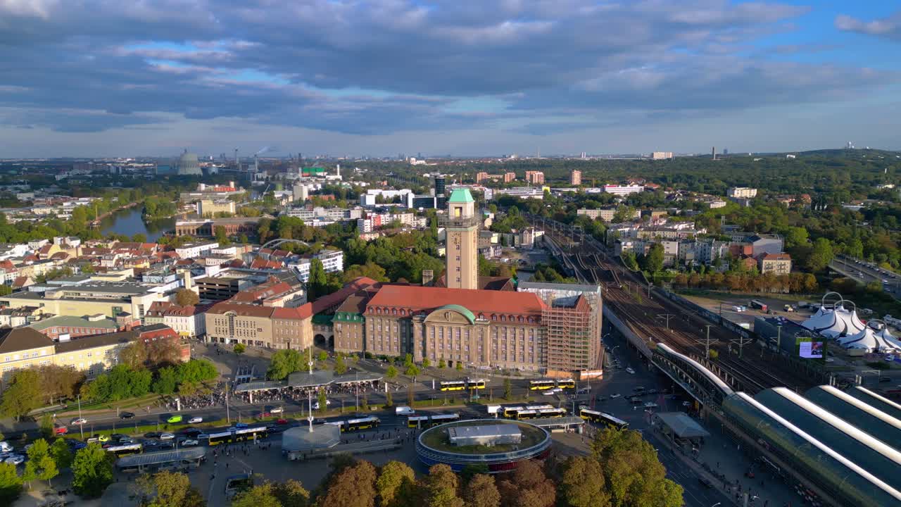 Aerial view showing Rathaus Spandau building, subway station, and public transportation in Berlin. Unbelievable aerial view flight panorama overview drone