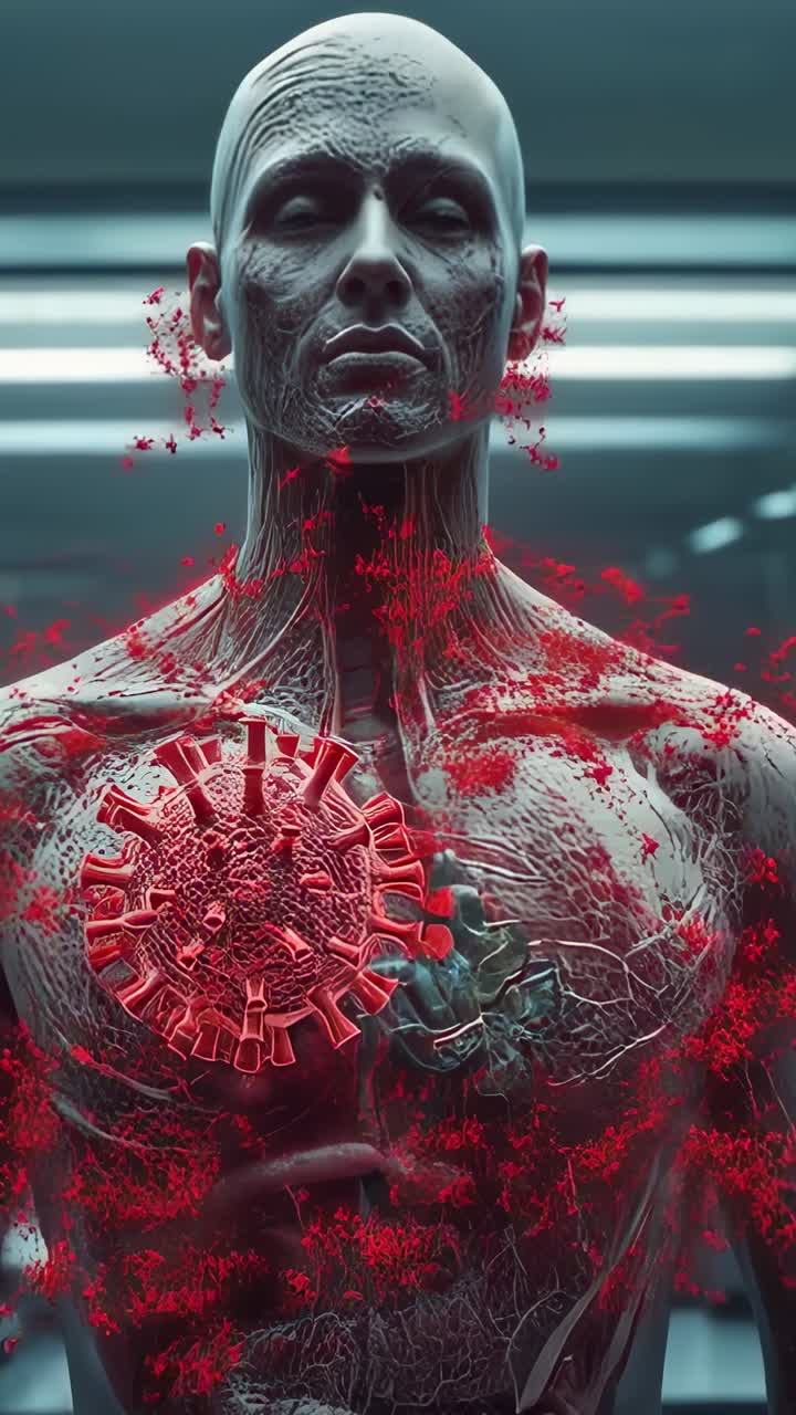 Video verticale: rimozione di macchie rosse, virus che causa una rete venosa su petto, polmoni e cuore visibili in laboratorio