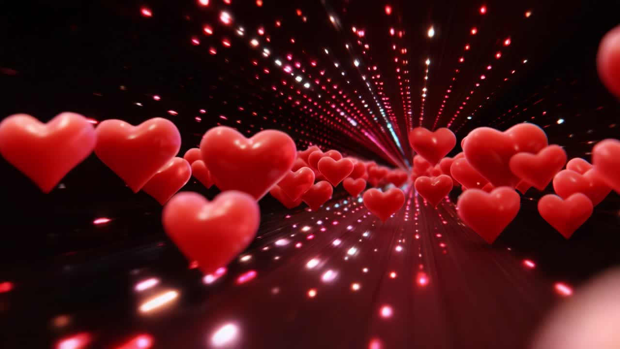 A dazzling visual journey through a vibrant tunnel of floating red hearts, radiating energy and positivity, creating an immersive atmosphere of love and joy that captivates the viewer's imagination