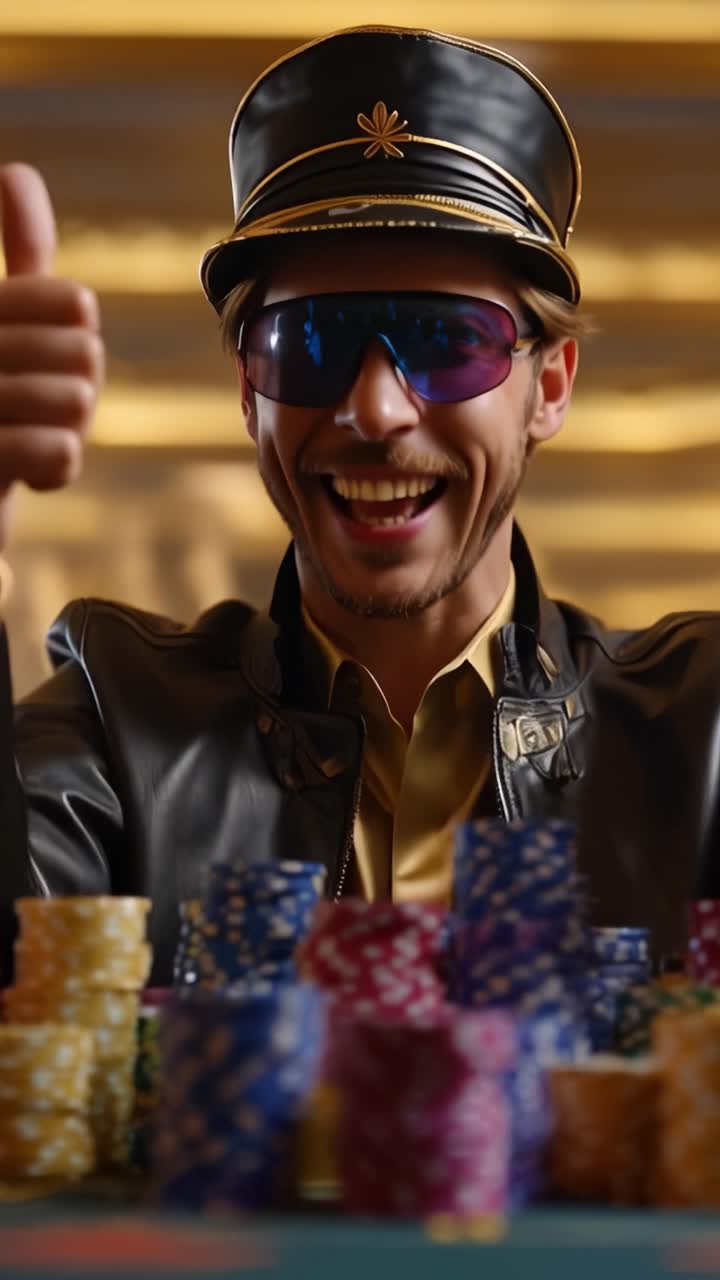 A Confident Gambler in Sunglasses and a Captain's Hat Surrounded by Colorful Poker Chips at a Casino Table, Exuding Charm and Playfulness for High-Stakes Gaming
