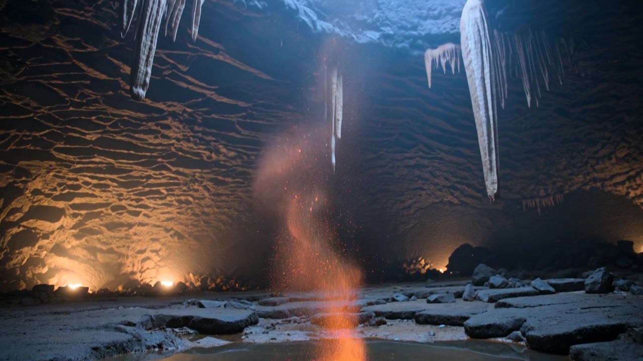Rising orange column forming in pool, twisting upward toward skylight while emitting sparks