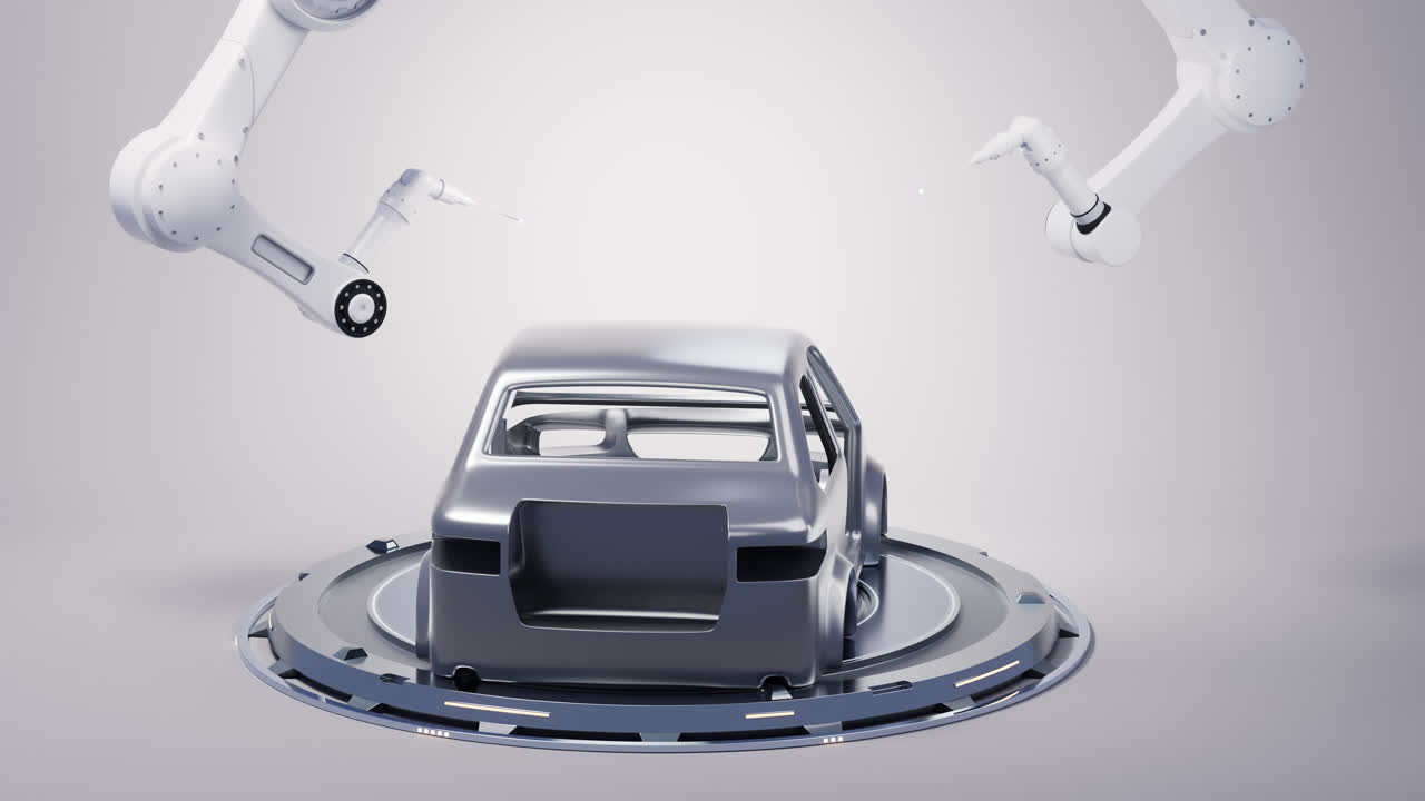 자동차 제조 및 기계적 팔, 3d 렌더링