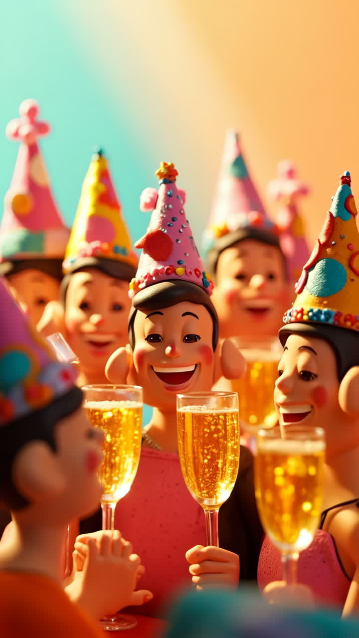Cartoon characters celebrating with drinks and party hats
