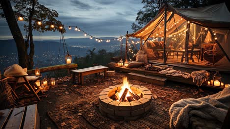 cozy campsite with a glowing fire pit under a twilight sky