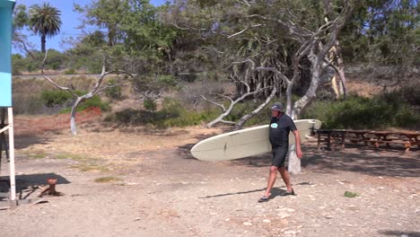 A-middle-aged-surfer-dude-carries-his-board-down-the-beach-and-pauses-in-Southern-California