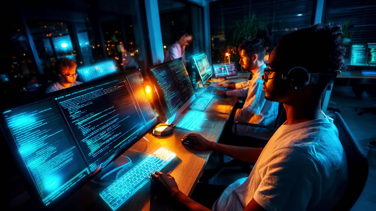 Focused Programmers Working in a Modern Office Space Late at Night, Surrounded by Multiple Screens Displaying Code, Engaged in Collaborative Software Development Efforts