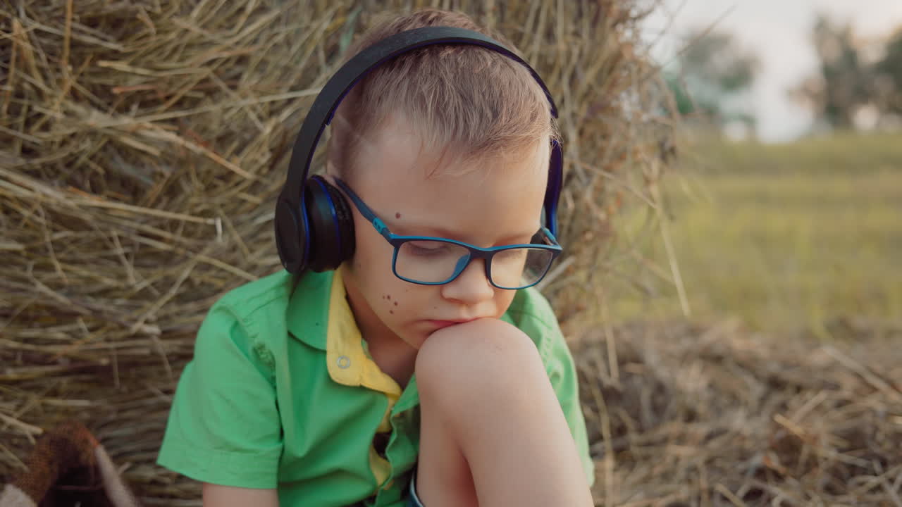 niño con auriculares y gafas centrado en la música, descansando la cabeza sobre la rodilla en un entorno rural sereno, vasta tierra de cultivo en el fondo al atardecer