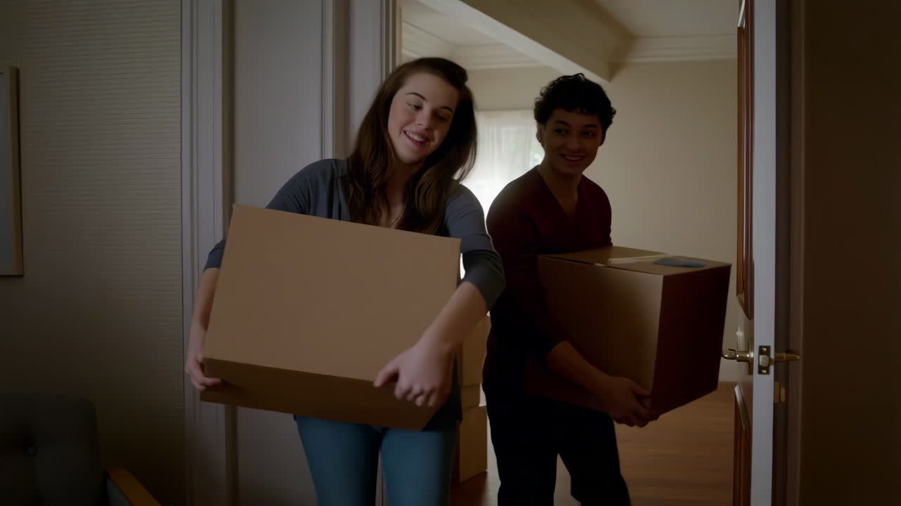 Couple Moving Boxes into a New Home