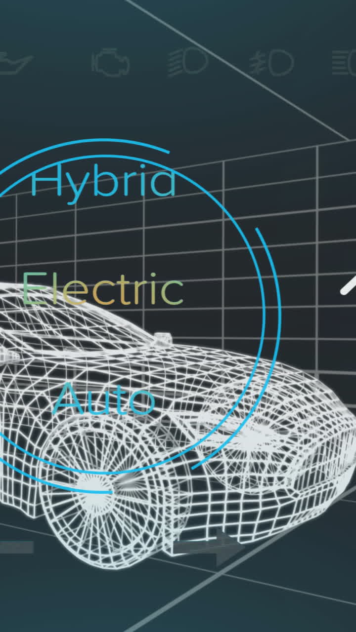 animación de los datos del velocímetro y del estado de la potencia en la interfaz del vehículo híbrido, en un modelo de coche 3d
