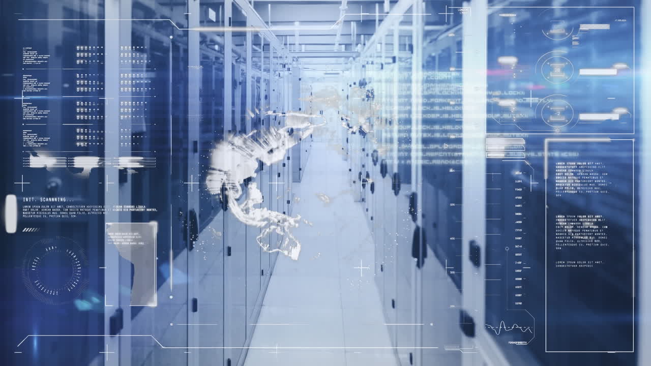 컴퓨터 서버 에 대한 회전 지구를 통해 데이터 처리를 하는 인터페이스의 애니메이션.