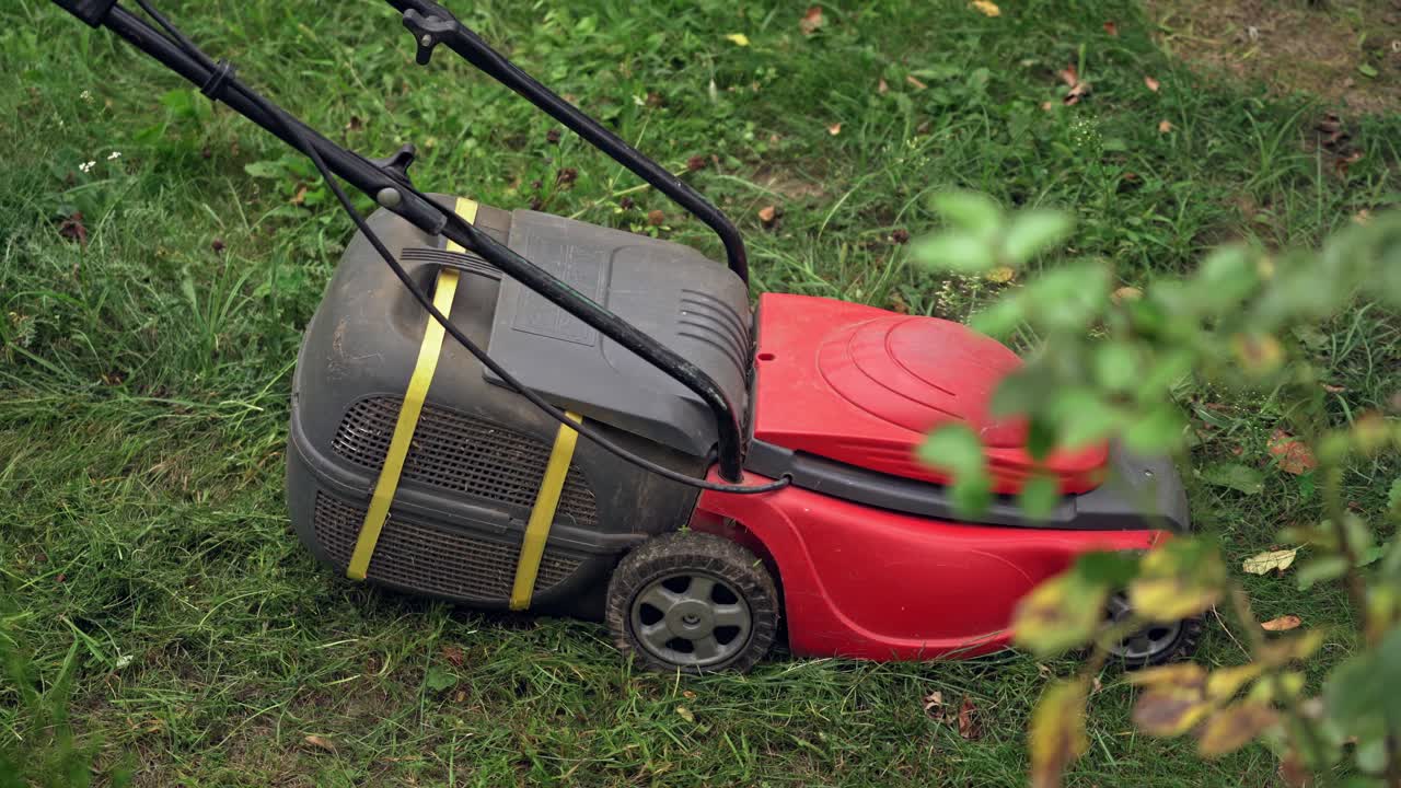 Summer works in garden. Close up view of grass cutting with lawn mower