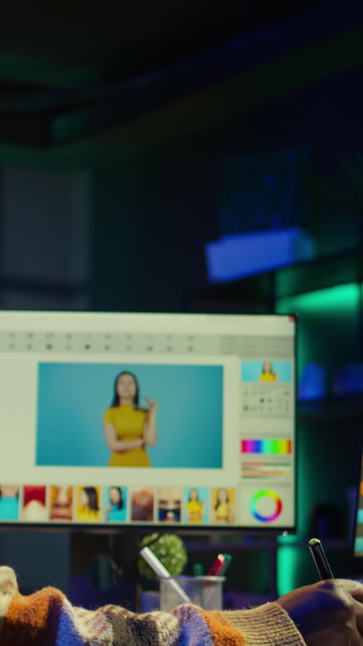 Video verticale. Un designer afroamericano ritocca immagini su due monitor