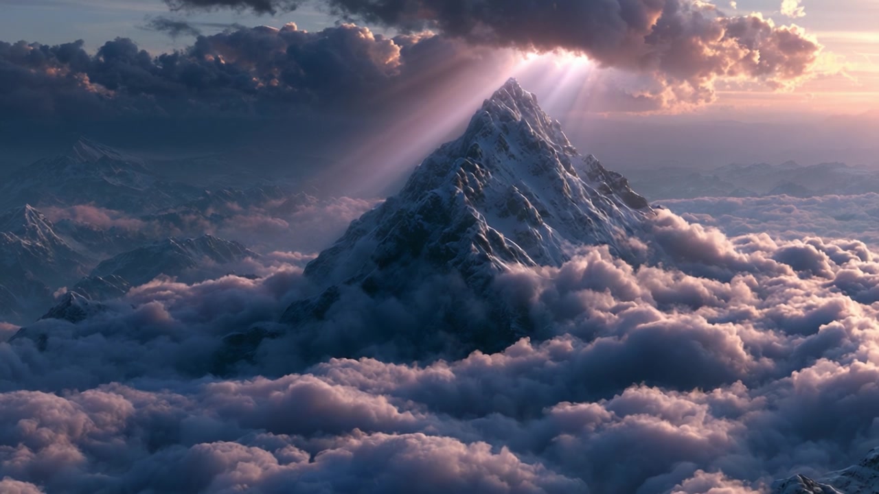 Puncak Gunung Megah Bermandikan Cahaya Matahari Keemasan Menerobos Awan Saat Fajar, Dikelilingi Langit Berwarna-warni yang Menakjubkan dan Efek Cahaya Dramatis