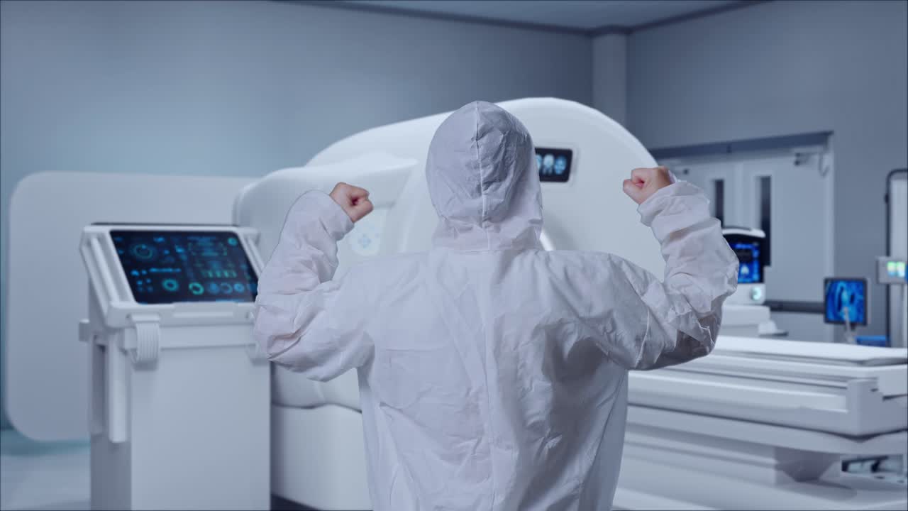 Back View Of Asian Male Scientist Celebrating The Succeed While Standing With MRI Machine In The Hospital