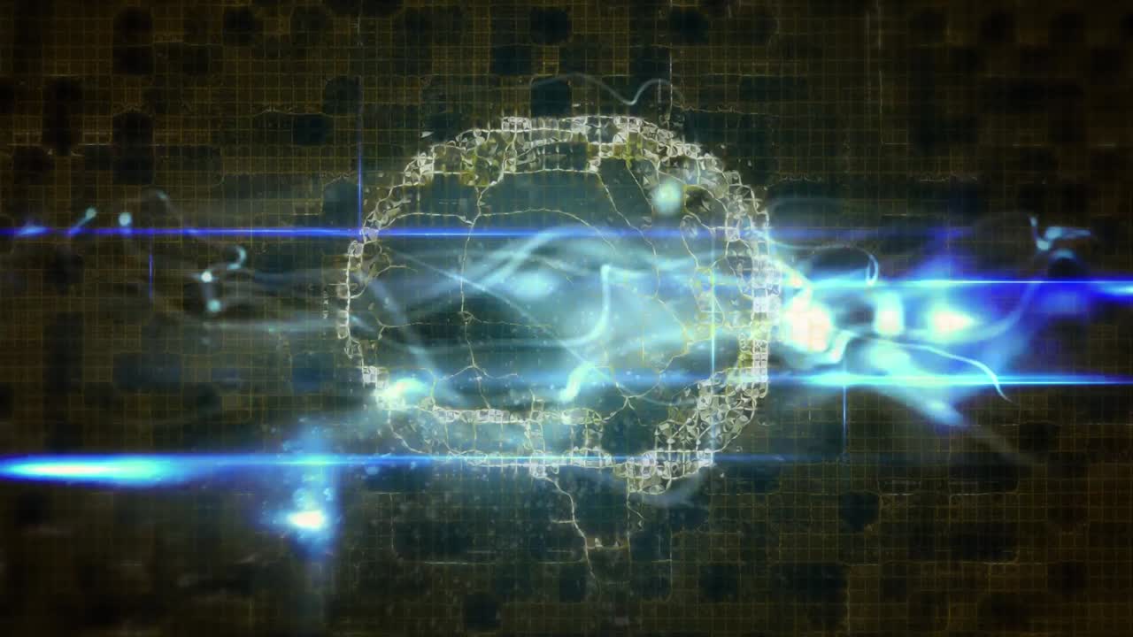 Animation of digital brain over light trails on black background