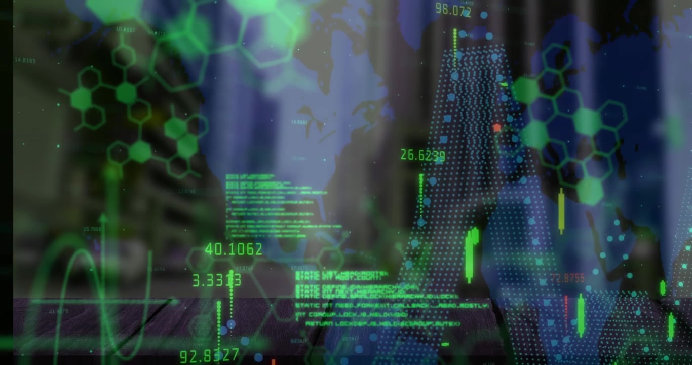 Animation of data processing over cityscape