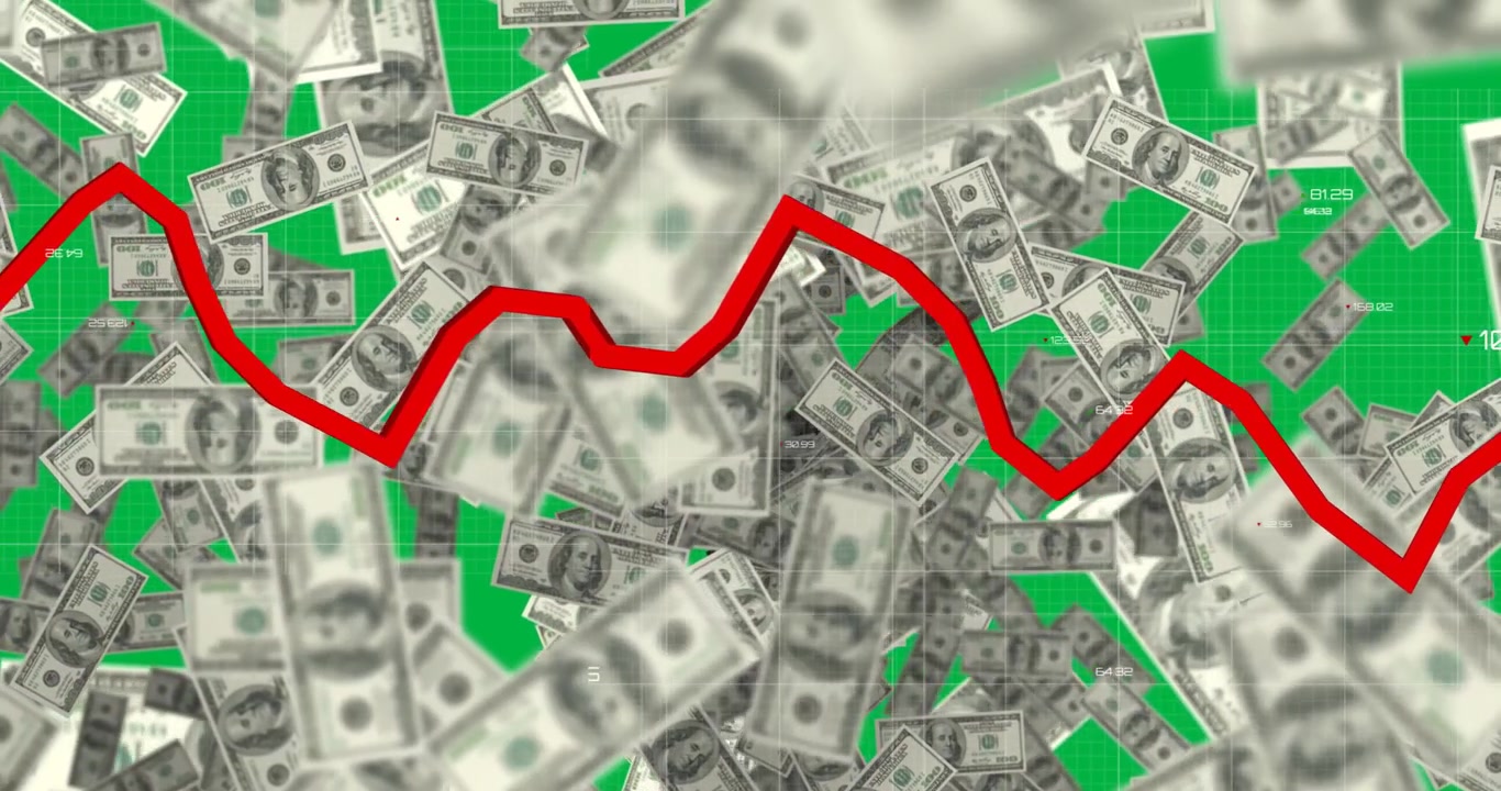 Animation of graph over dollar banknotes on transparent background
