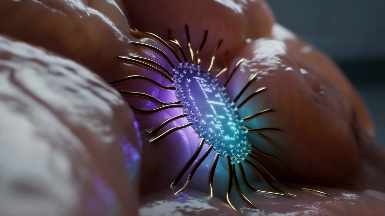 Primo piano di un microchip futuristico luminoso che poggia su pelle umana rugosa, con illuminazione viola e blu, dettagli metallici e uno sfondo sfocato e morbido.