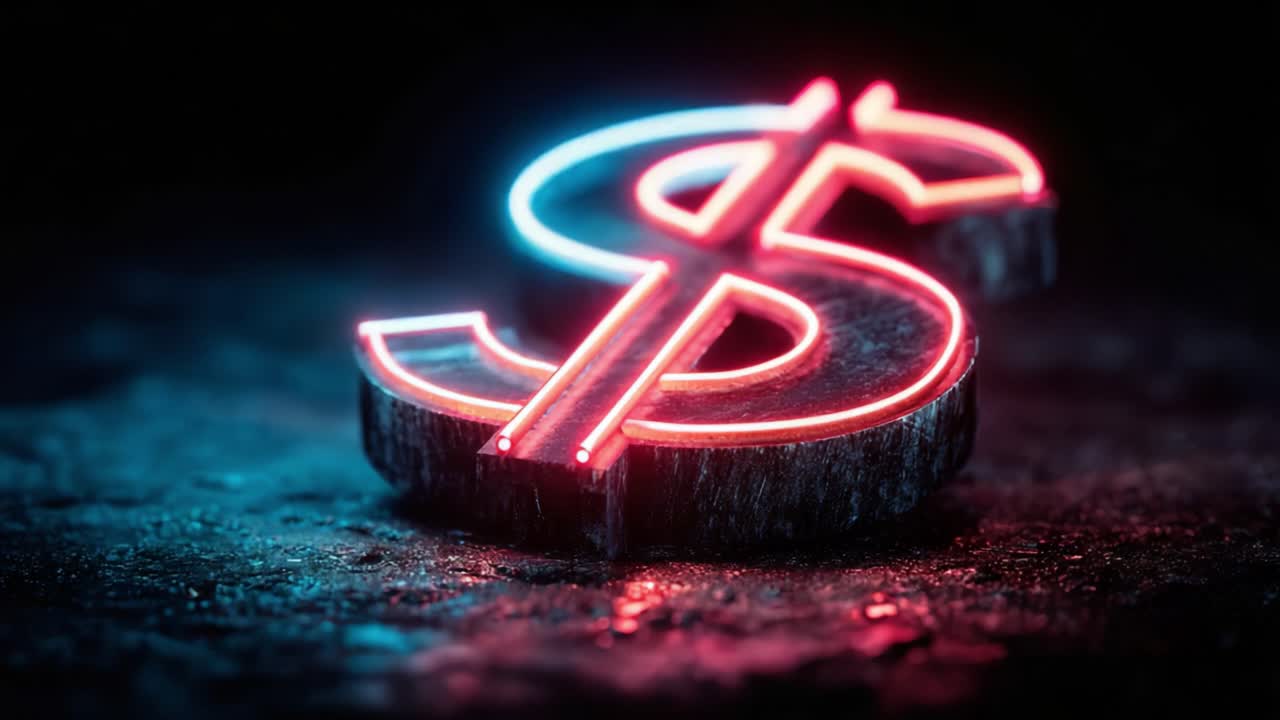 Karanlık Arka Plana Karşı Vurgulanmış Işıklı Neon Dolar İşareti, Zenginliği, Finansı ve Modern Ekonomik Kavramları Büyüleyici Bir Görsel Temsilde Simgeliyor
