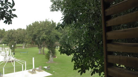 Saliendo-Por-La-Ventana-De-Una-Casa-De-Madera-Para-Niños-En-Las-Ramas-Del-árbol,-Afuera-Hay-árboles,-Paisajes-Y-Un-Gran-Cuento-De-Hadas---Tiro-De-Empuje