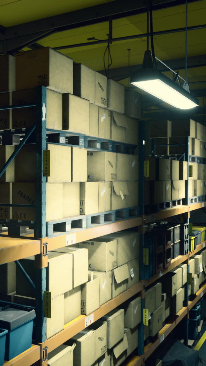 Shelves filled with neatly organized boxes in a bright storage area