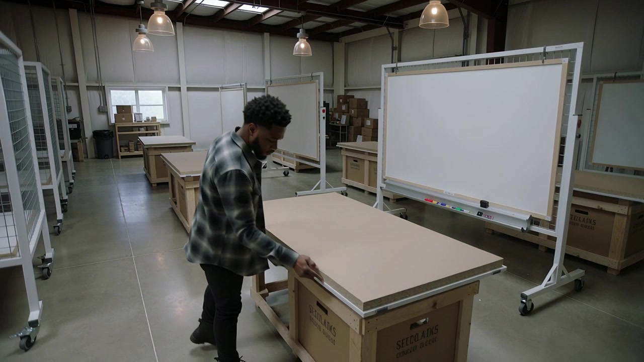 Walking toward workbench, man in plaid shirt and boots lifting, sliding, aligning panel for packing