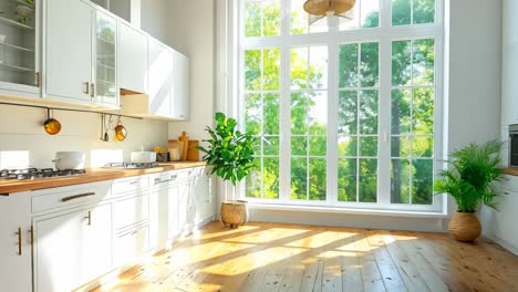 a kitchen with white cabinets and wooden floors